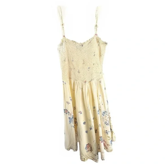 Angie Ruched M Floral Kids Dress in Cream and Blue Sleeveless Flowy Cottagecore - Picture 4 of 9